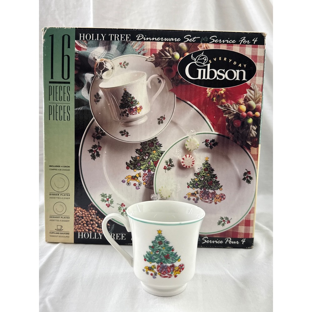 Gibson Everyday Holly Tree 16 Piece Dinnerware Set Service for 4 Christmas Tree